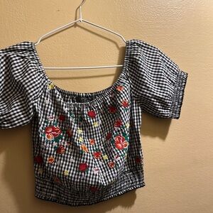 Top shop Floral Embroidered Black and White Checkered Top